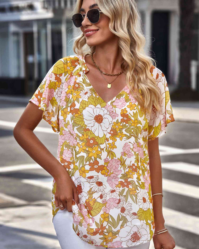Floral Notched Neck Flutter Sleeve Blouse