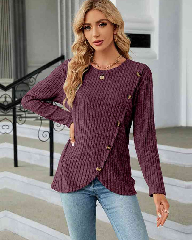 Round Neck Ribbed Button Detail Blouse