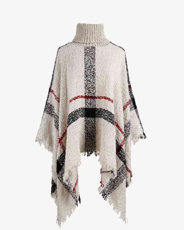 Plaid Turtleneck Raw Hem Poncho
