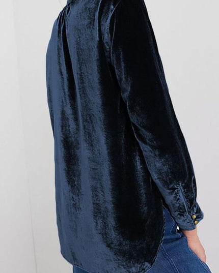 Notched Neck Buttoned Long Sleeve Velvet Blouse