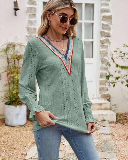 Eyelet Flounce Sleeve V-Neck Blouse