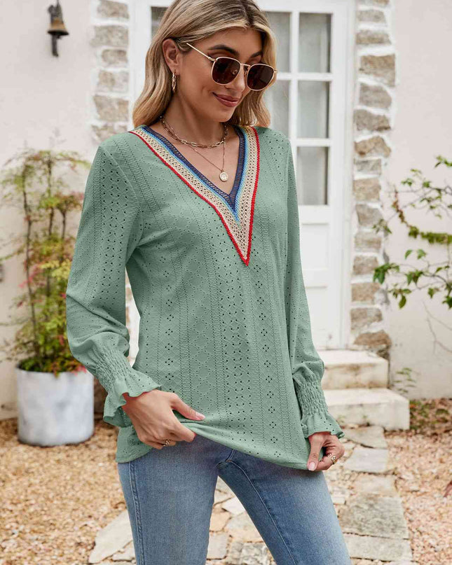 Eyelet Flounce Sleeve V-Neck Blouse
