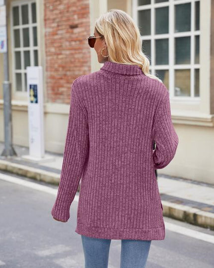 Ribbed Turtleneck Long Sleeve Slit Knit Top