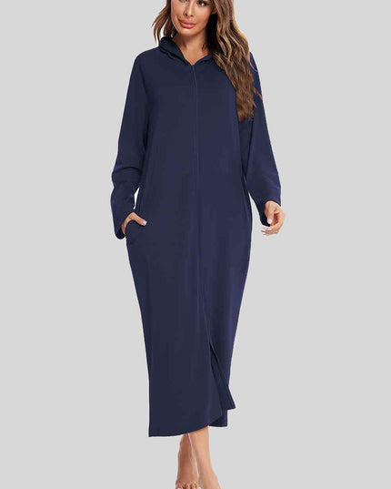 Zip Front Hooded Night Dress with Pockets