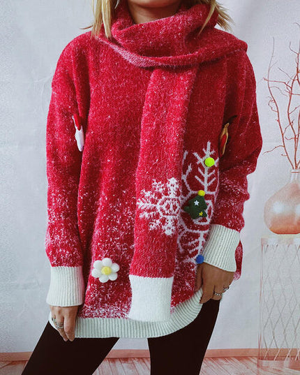 Christmas Element Round Neck Sweater and Scarf Set