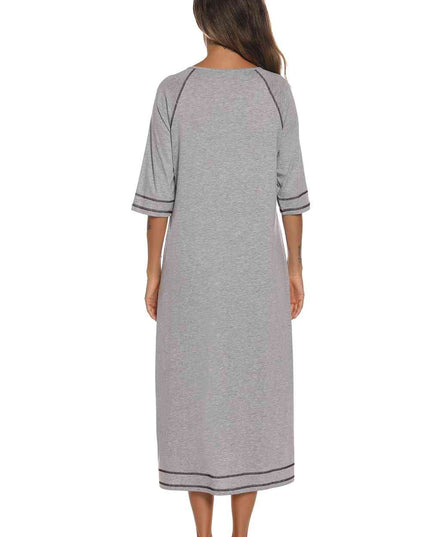 Zip Up Slit Round Neck Night Dress with Pockets