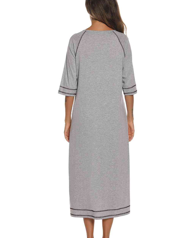 Zip Up Slit Round Neck Night Dress with Pockets