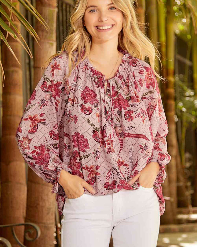 Floral Tie Neck Flounce Sleeve Blouse