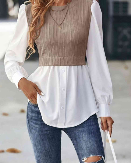 Contrast Round Neck Puff Sleeve Blouse