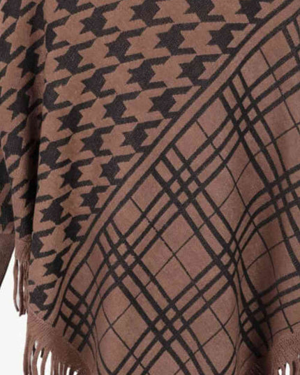 Houndstooth Turtleneck Fringe Hem Poncho