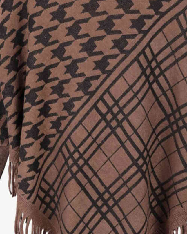 Houndstooth Turtleneck Fringe Hem Poncho