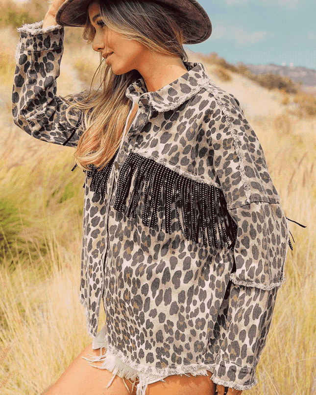 Leopard Fringe Detail Collared Neck Denim Jacket
