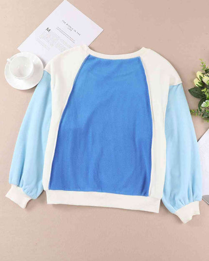 Round Neck Dropped Shoulder Color Block Sweatshirt