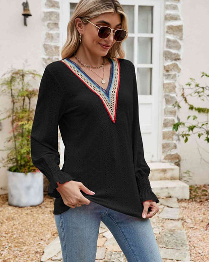 Eyelet Flounce Sleeve V-Neck Blouse