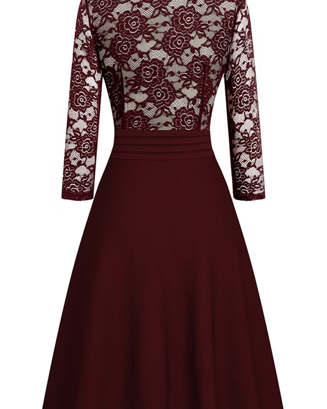 V-Neck Lace Detail Knee-Length Dress