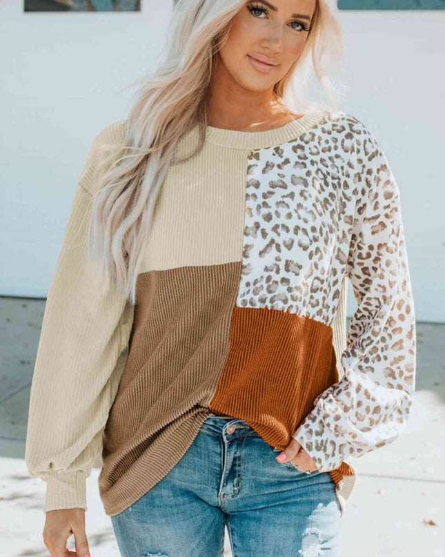 Color Block Leopard Round Neck Sweatshirt