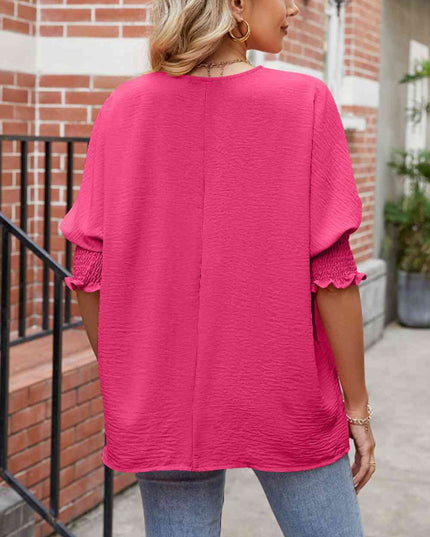 Round Neck Smocked Lantern Sleeve Blouse