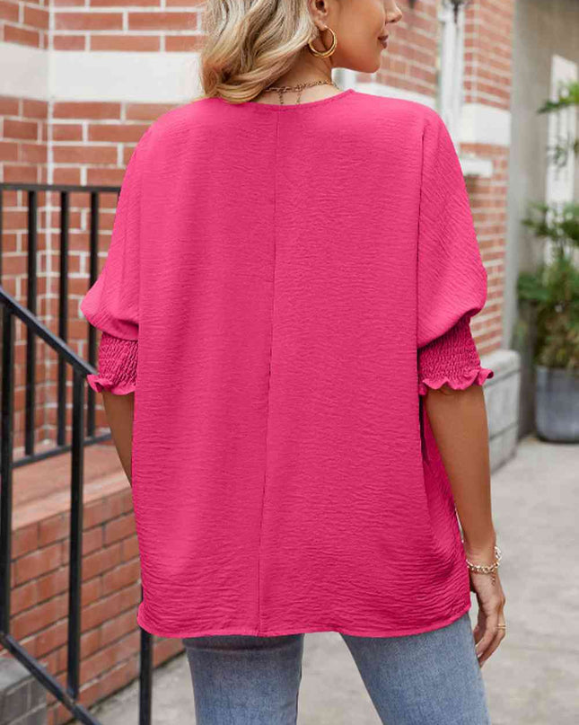 Round Neck Smocked Lantern Sleeve Blouse
