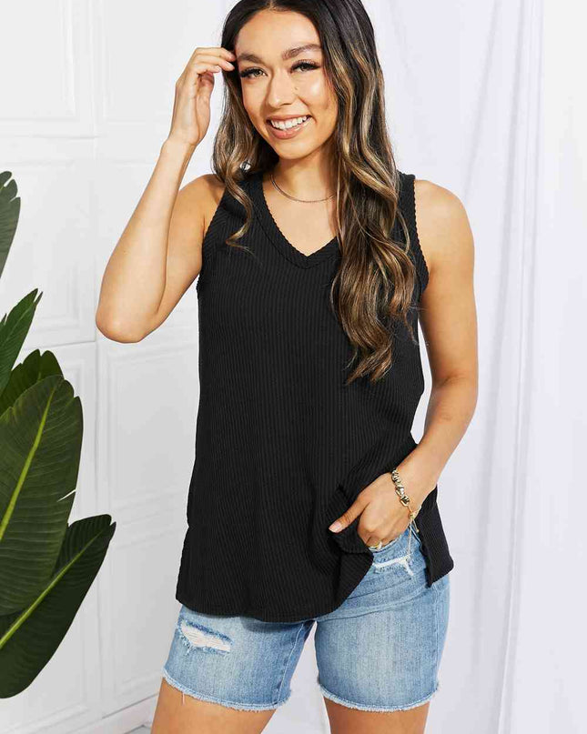 Blumin Apparel Chance of Sun Full Size Ribbed V-Neck Tank in Black