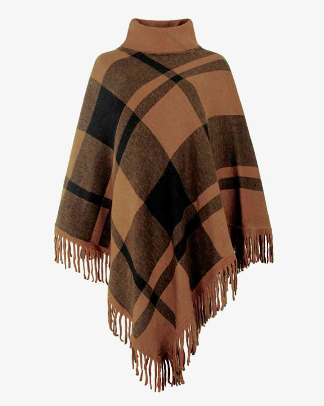 Plaid Turtleneck Fringe Hem Poncho