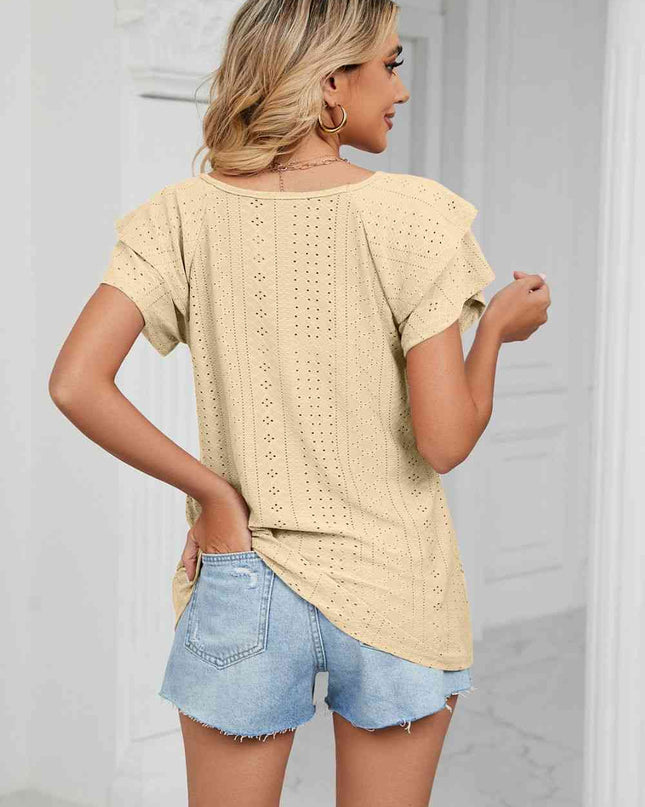 Eyelet Layered Flutter Sleeve V-Neck Knit Top