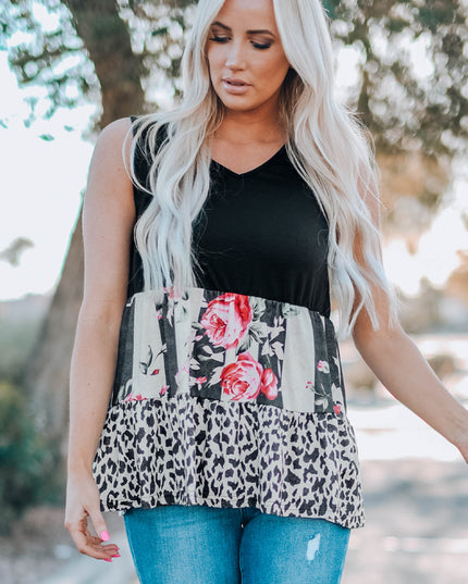 Leopard Floral Color Block V-Neck Tank Top
