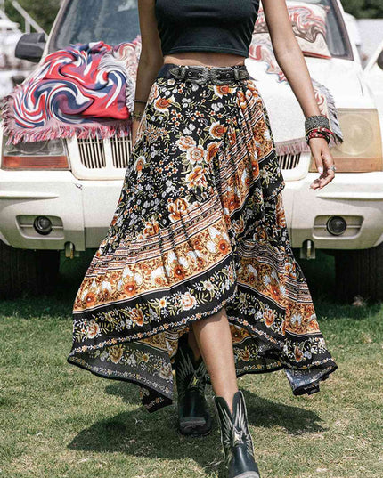 Printed High-Low Ruffle Hem Skirt