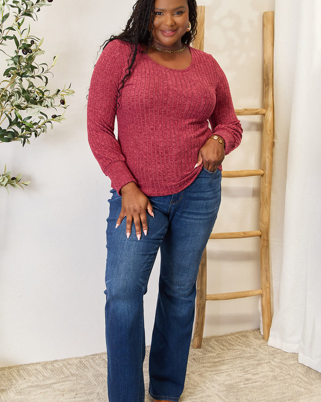 Double Take Ribbed Round Neck Lantern Sleeve Blouse