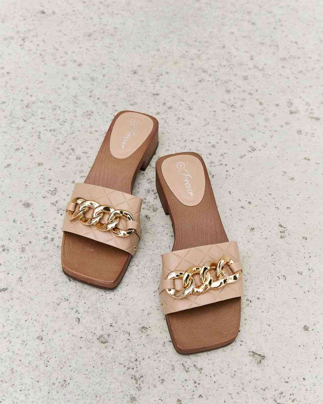 Forever Link Square Toe Chain Detail Clog Sandal in Tan