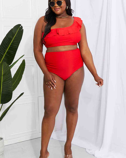 Marina West Swim Seaside Romance Ruffle One-Shoulder Bikini in Red