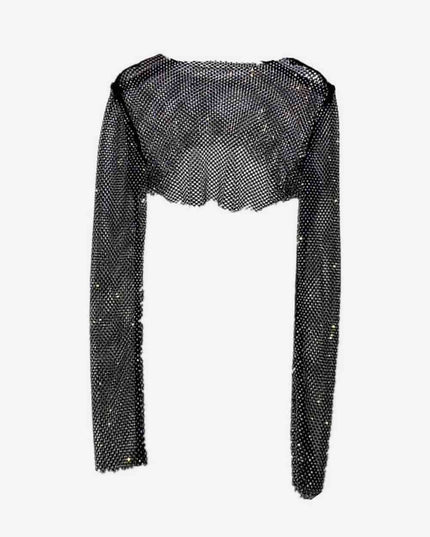 Rhinestone Openwork Long Sleeve Cropped Top