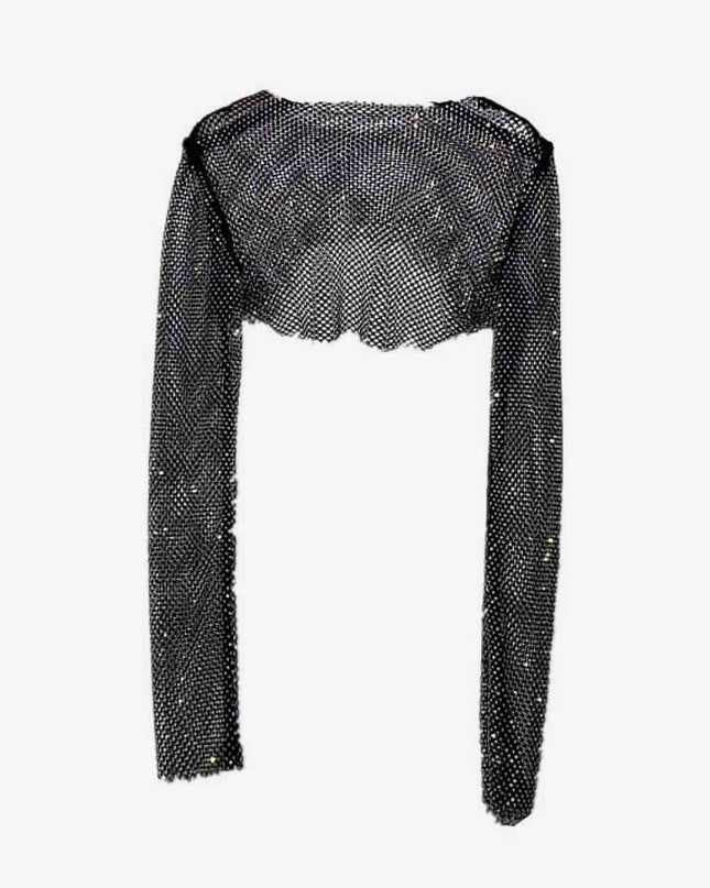 Rhinestone Openwork Long Sleeve Cropped Top