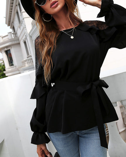 Round Neck Front Tie Flounce Sleeve Lace Cap Blouse