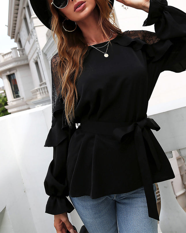Round Neck Front Tie Flounce Sleeve Lace Cap Blouse