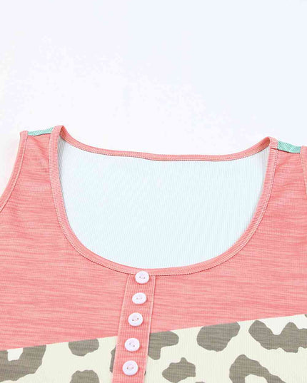 Leopard Color Block Decorative Button Tank