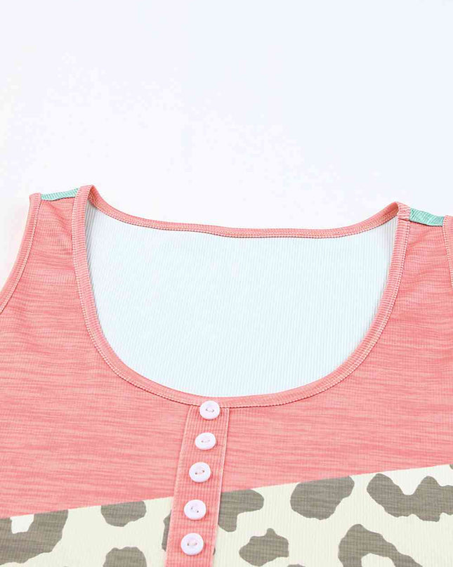 Leopard Color Block Decorative Button Tank