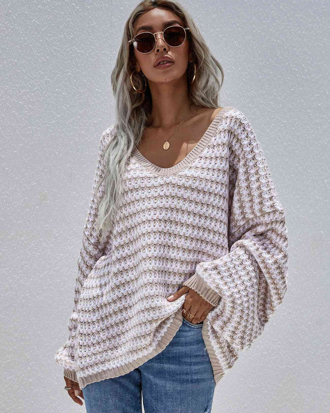 Striped Drop Shoulder V-Neck Pullover Sweater