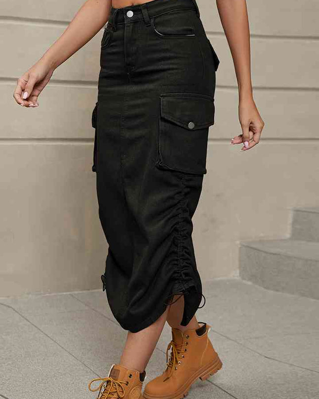 Drawstring Denim Skirt with Pockets