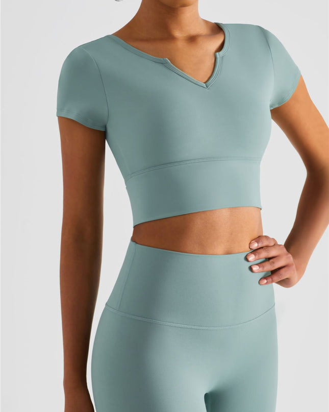 Notched Neck Short Sleeve Cropped Sports Top