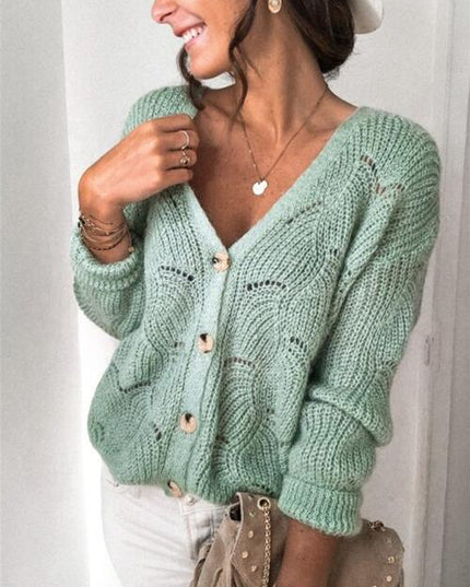 Openwork Button Up Long Sleeve Cardigan