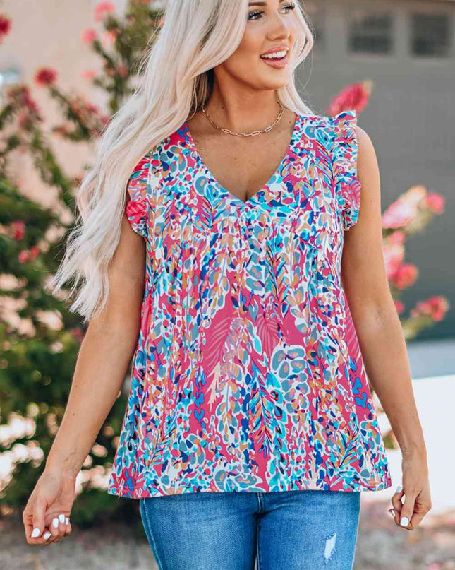 Printed Flutter Sleeve V-Neck Top cf