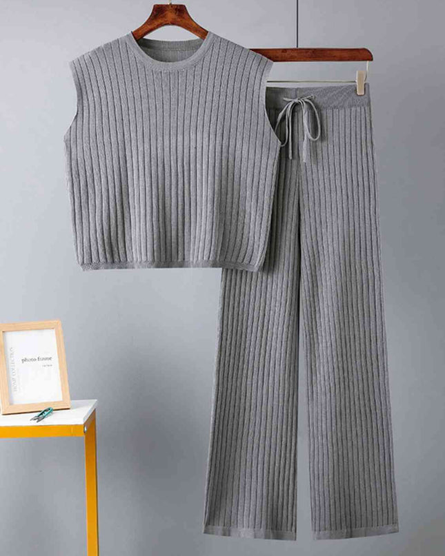 Ribbed Sweater Vest and Drawstring Knit Pants Set