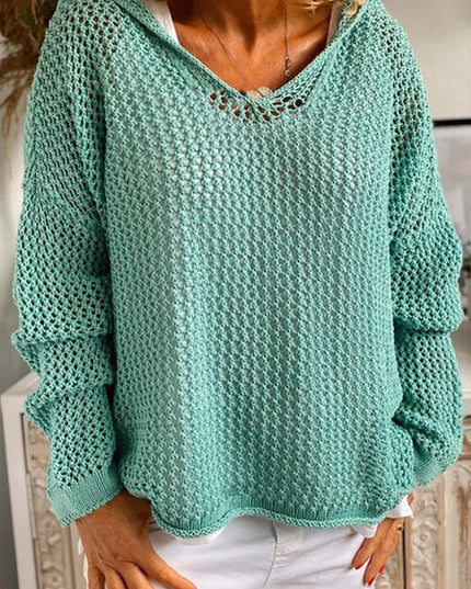 Openwork Hooded Long Sleeve Sweater