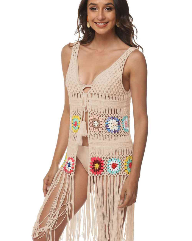 Openwork Fringe Detail Embroidery Sleeveless Cover-Up