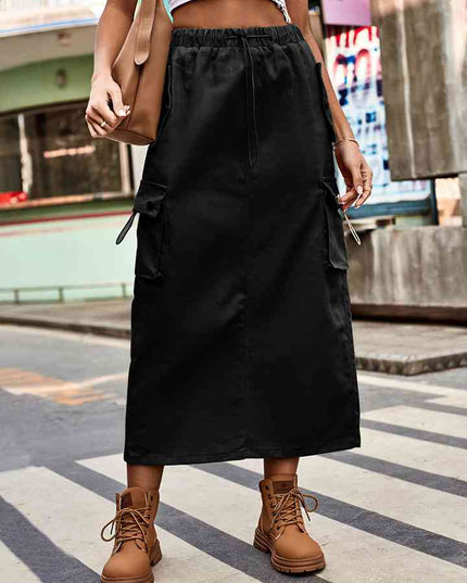 Drawstring Waist Slit Denim Skirt