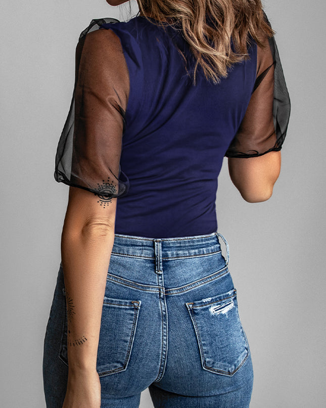 Spliced Mesh Puff Sleeve Blouse