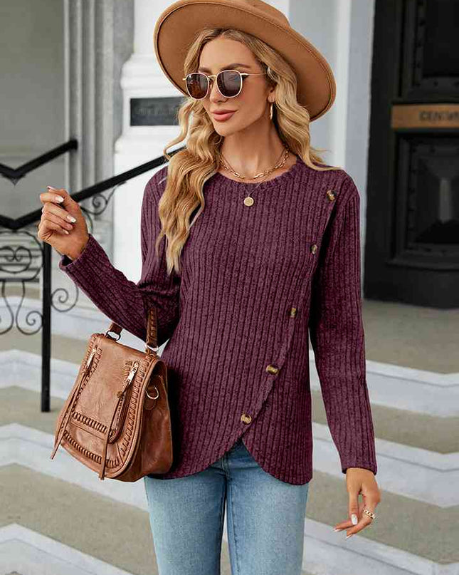 Round Neck Ribbed Button Detail Blouse