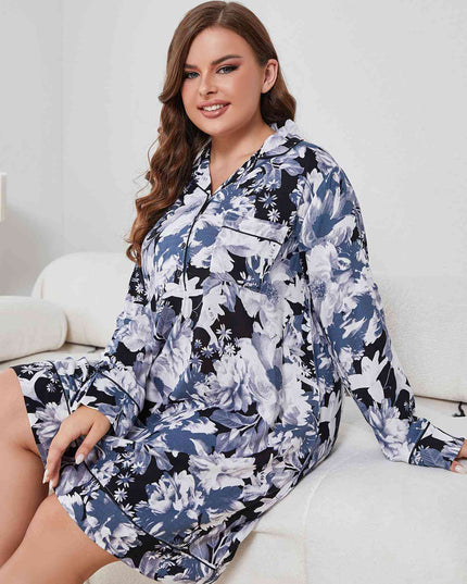 Plus Size Floral Lapel Collar Long Sleeve Night Dress