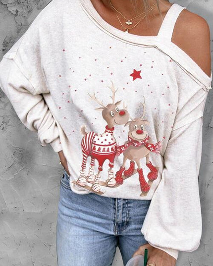 Graphic Asymmetrical Neck Long Sleeve Top