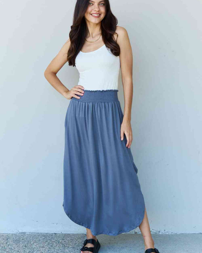 Doublju Comfort Princess Full Size High Waist Scoop Hem Maxi Skirt in Dusty Blue